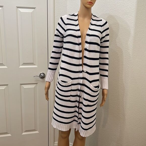 Reaction Kenneth Cole Sweater Black White Stripe Button Front Pockets 💯% Cotton - Picture 2 of 10